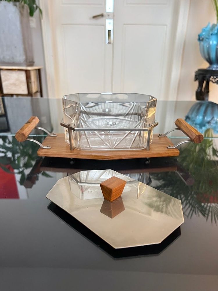Glass Biscuit Box - Wood and Metal Tray - Art Deco Biscuit Maker