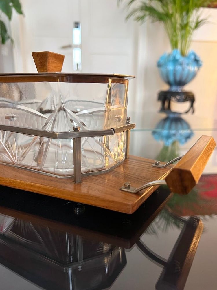 Glass Biscuit Box - Wood and Metal Tray - Art Deco Biscuit Maker