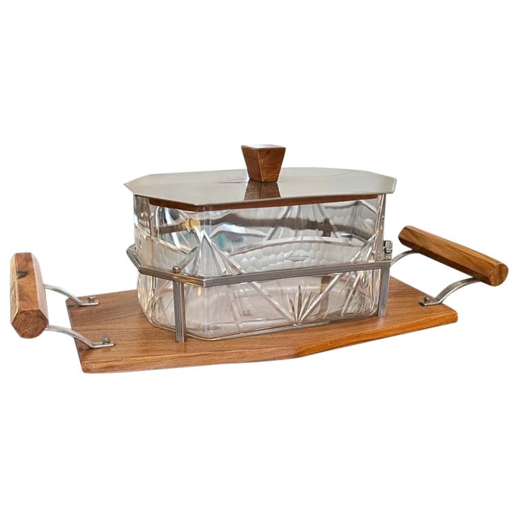 Glass Biscuit Box - Wood and Metal Tray - Art Deco Biscuit Maker