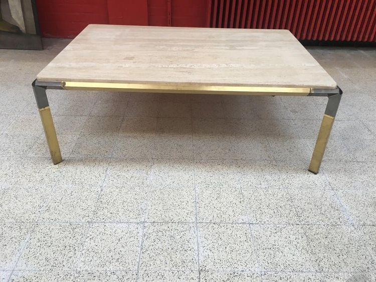 Large Living Room Table In Travertine And Gilded Metal, Circa 1970