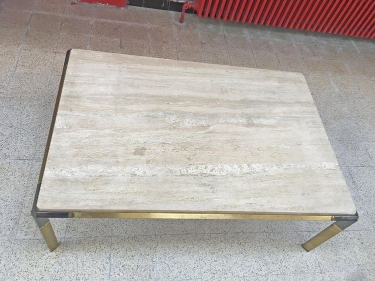 Large Living Room Table In Travertine And Gilded Metal, Circa 1970