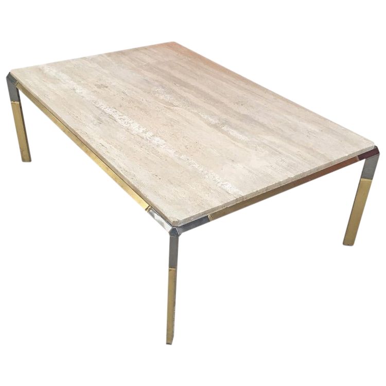 Large Living Room Table In Travertine And Gilded Metal, Circa 1970