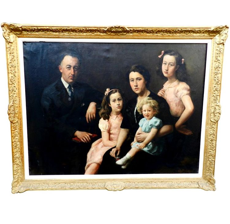 Jose Wolff, "Family Portrait" Large Oil on Canvas in a Gilt Frame, Dated 1947