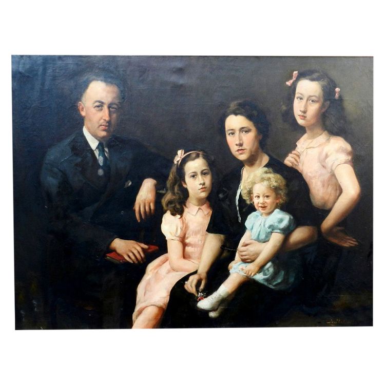 Jose Wolff, "Family Portrait" Large Oil on Canvas in a Gilt Frame, Dated 1947