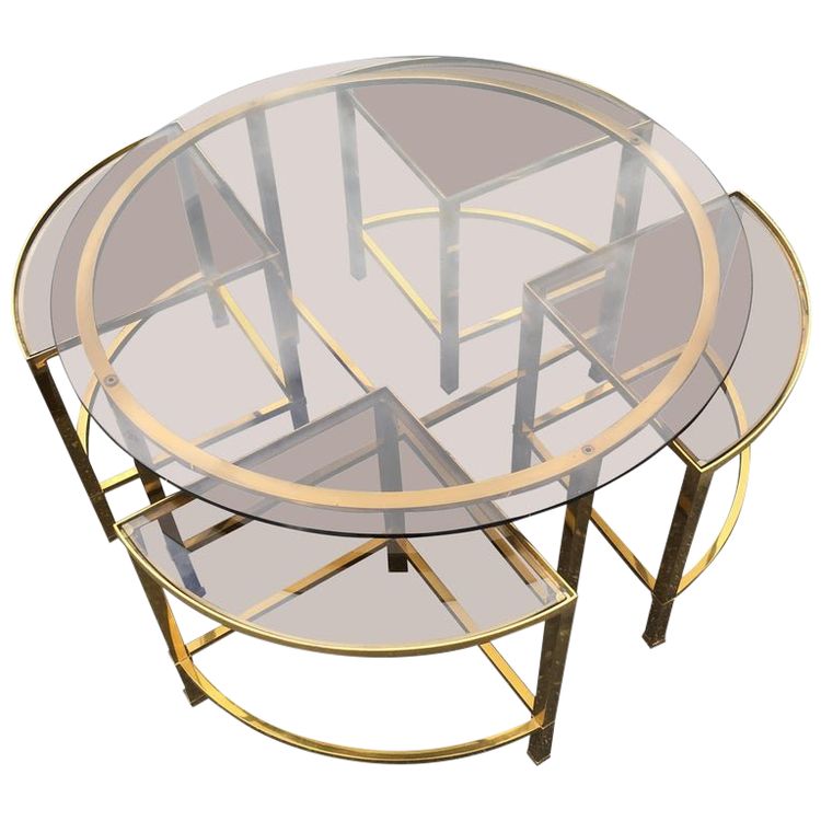 Table De Salon Et Ses 4 Tablettes d'Appoint En Laiton Et Verre Fumé, Style Maison Baguès, 1970