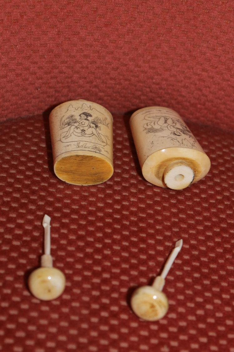5 perfume bottles or snuffboxes with erotic bone decoration China 20th century period
