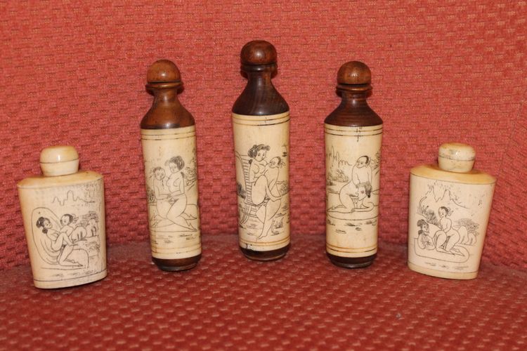 5 perfume bottles or snuffboxes with erotic bone decoration China 20th century period