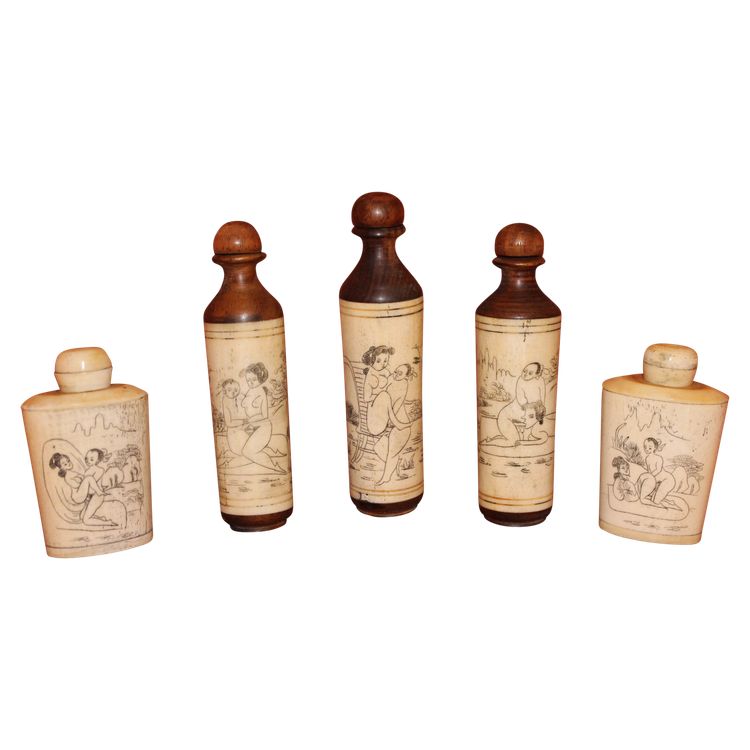 5 perfume bottles or snuffboxes with erotic bone decoration China 20th century period