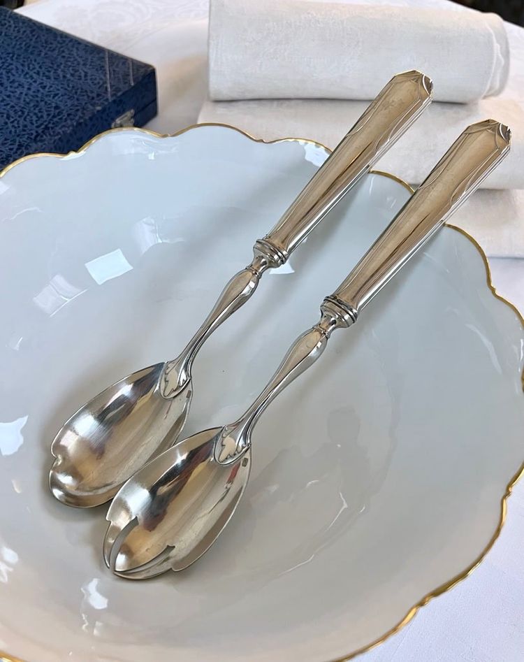 White Metal Salad Servers - Serving Spoon Set - Art Deco