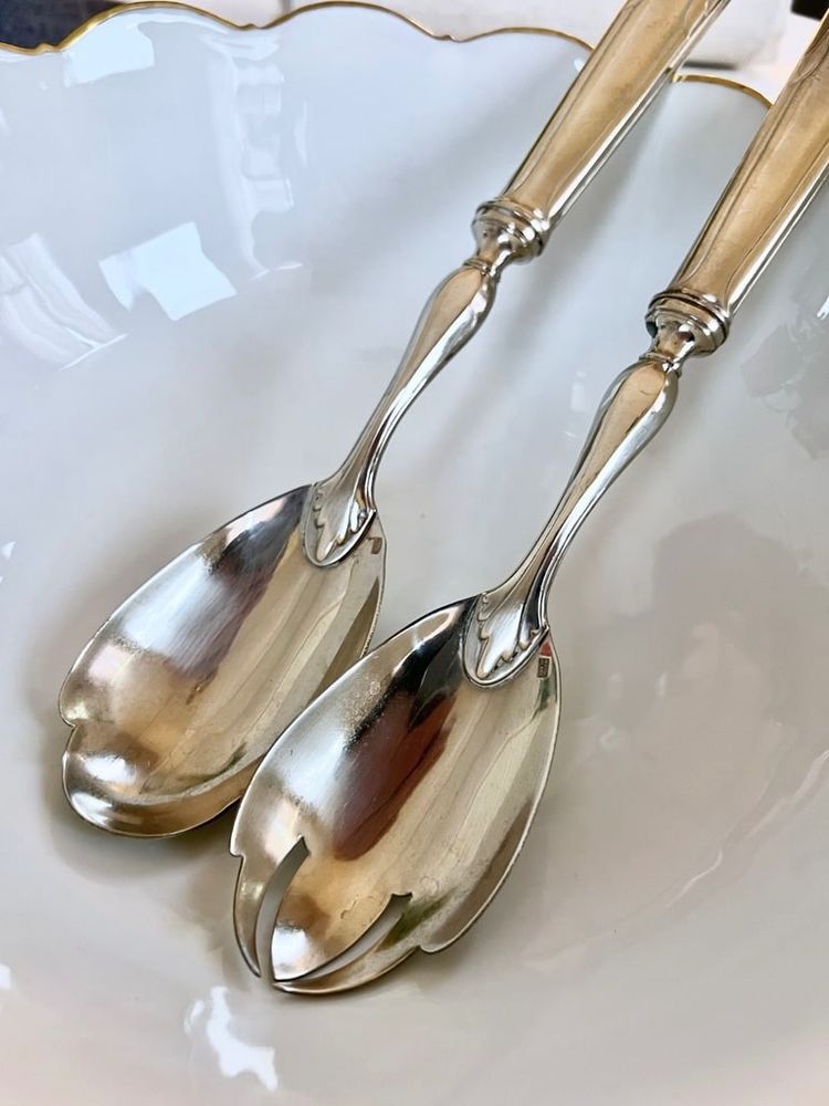 White Metal Salad Servers - Serving Spoon Set - Art Deco