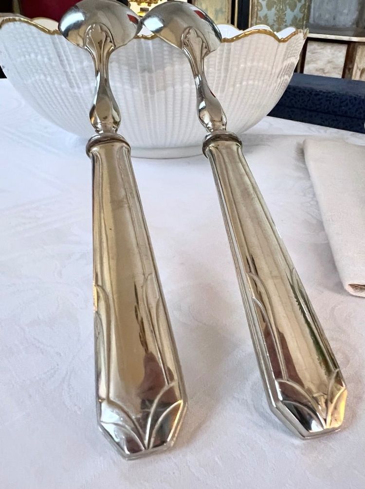 White Metal Salad Servers - Serving Spoon Set - Art Deco