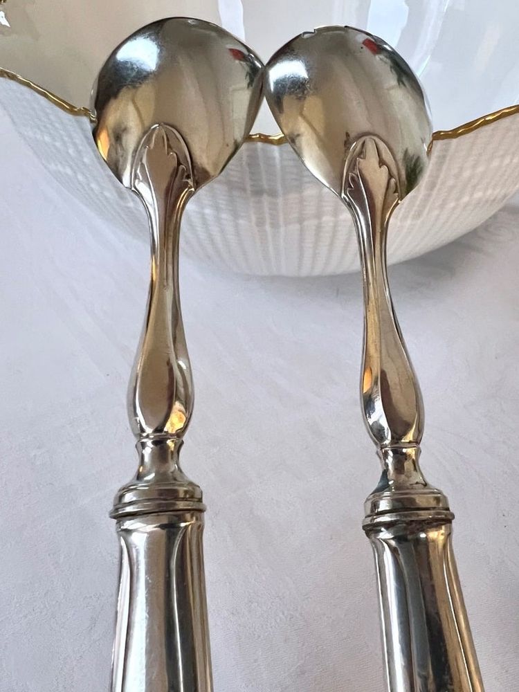 White Metal Salad Servers - Serving Spoon Set - Art Deco
