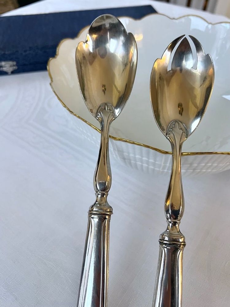 White Metal Salad Servers - Serving Spoon Set - Art Deco