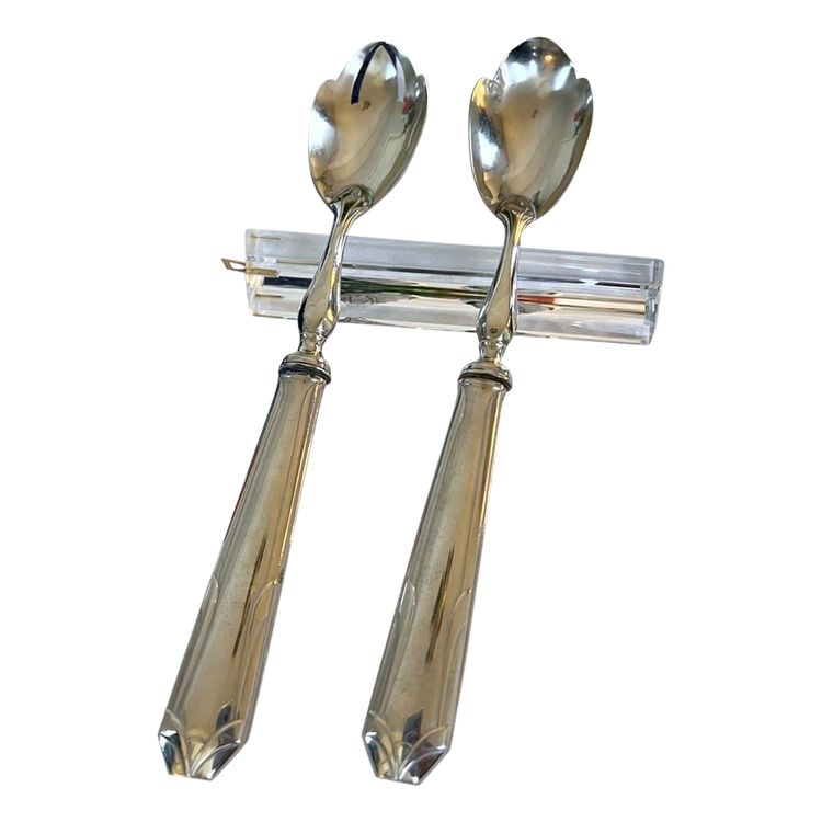 White Metal Salad Servers - Serving Spoon Set - Art Deco