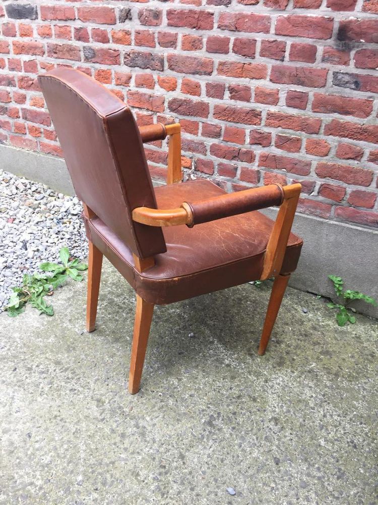 3 Fauteuils Bridges Recouvert De Cuir, Epoque Art Deco, Circa 1940