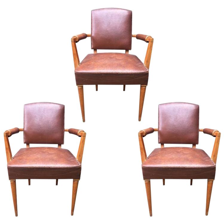 3 Fauteuils Bridges Recouvert De Cuir, Epoque Art Deco, Circa 1940
