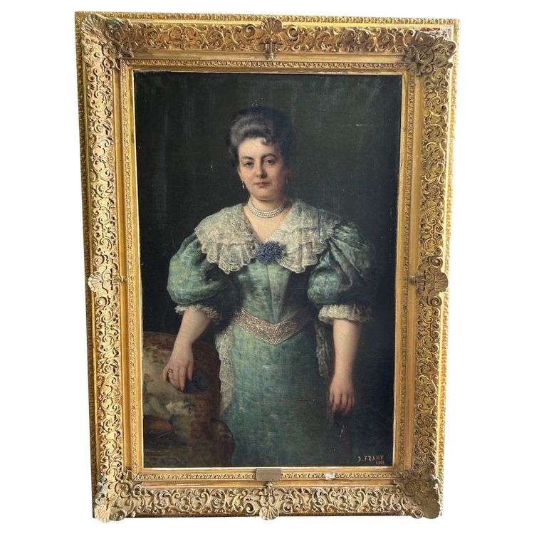 Important Portrait De La Comtesse Cécile D’ Aspies - Huile Sur Toile Signé Frank 1888 H 164 cm
