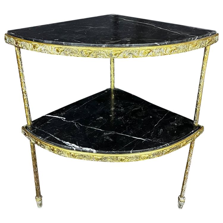 Tavolo d'angolo in marmo nero e struttura in bronzo