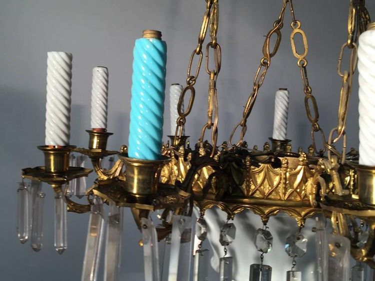 1900 Chandelier, Ceramic, Crystal and Brass