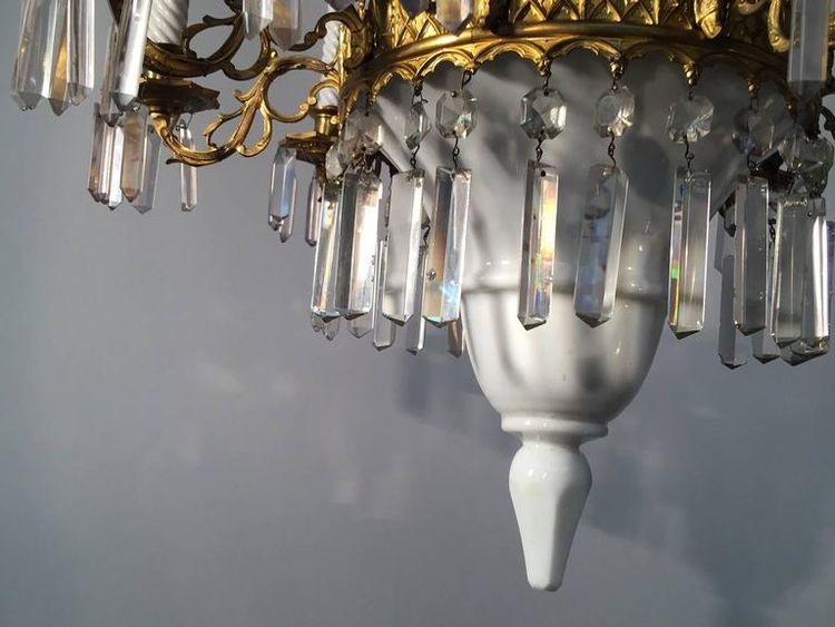1900 Chandelier, Ceramic, Crystal and Brass