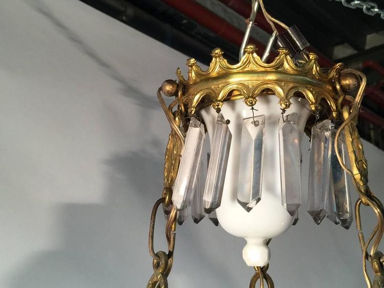 1900 Chandelier, Ceramic, Crystal and Brass