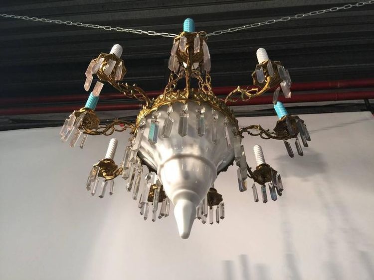 1900 Chandelier, Ceramic, Crystal and Brass