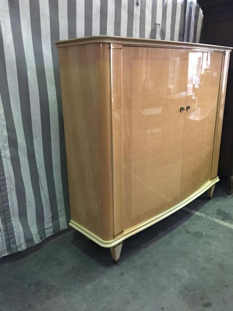 Art Deco Period Wardrobe in Sycamore, Lacquered Wood and Brass Circa 1940