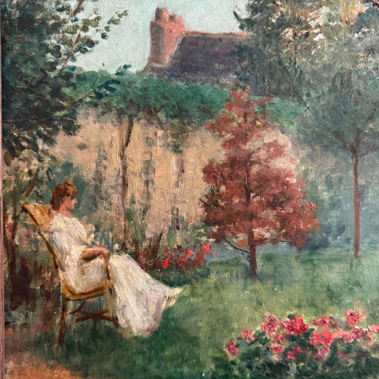 Olio su tela scena di parco con donna seduta in poltrona