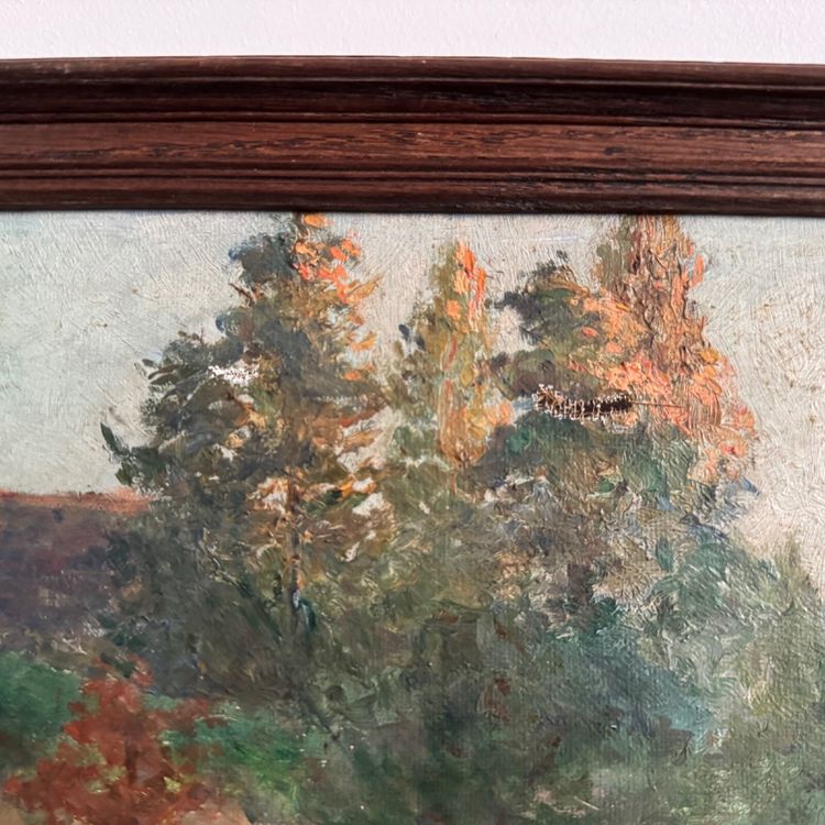 Olio su tela scena di parco con donna seduta in poltrona