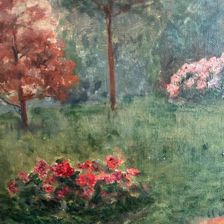 Olio su tela scena di parco con donna seduta in poltrona