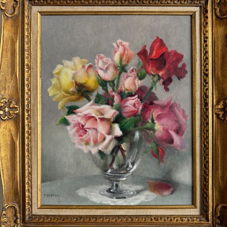 Öl auf Leinwand Stillleben Rosenstrauß von Paul Seston XX.