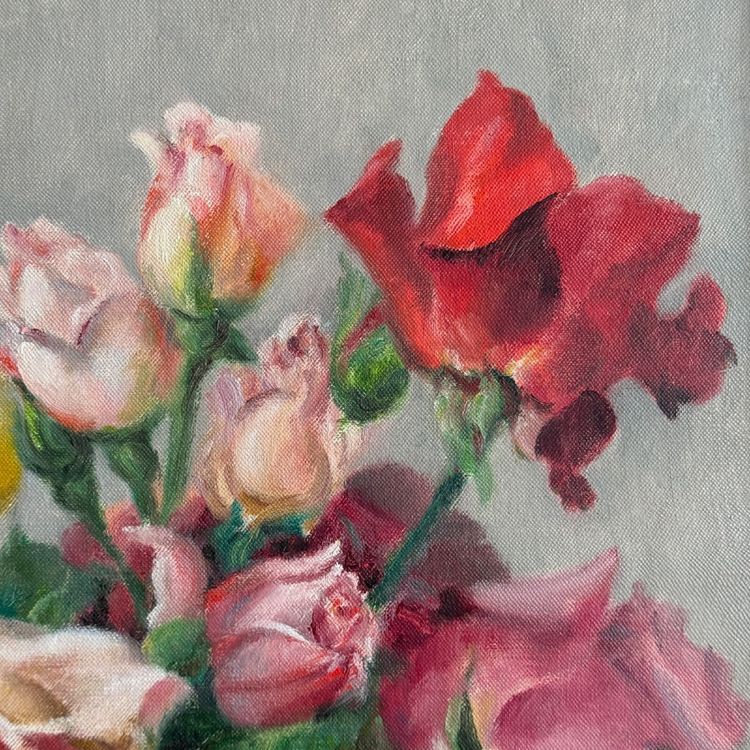 Öl auf Leinwand Stillleben Rosenstrauß von Paul Seston XX.