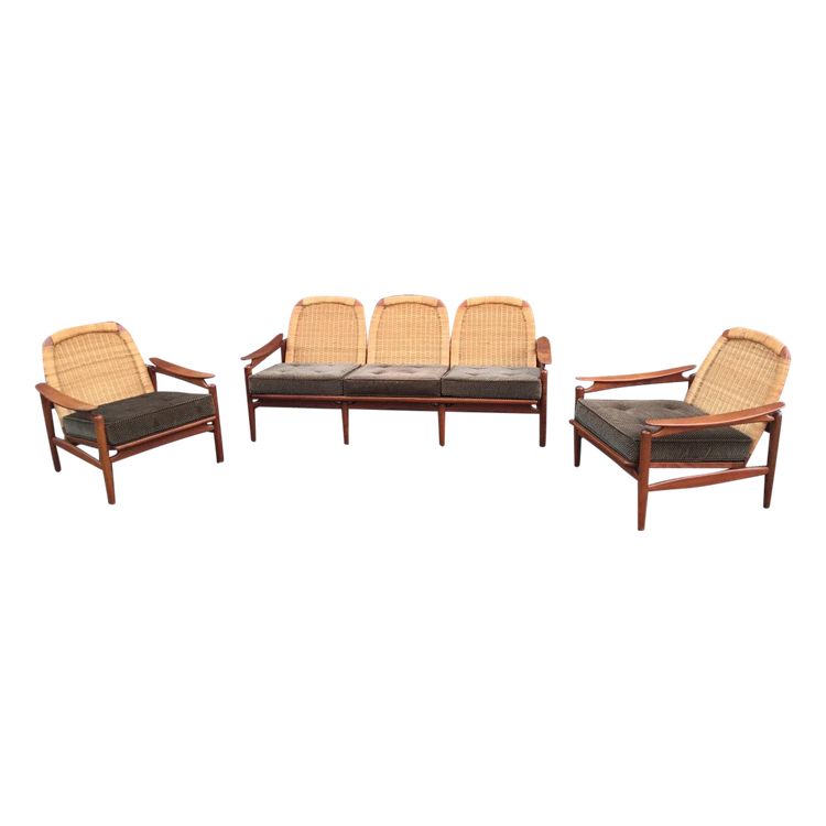 Important Scandinavian Teak And Rattan Living Room, Circa 1960/1970