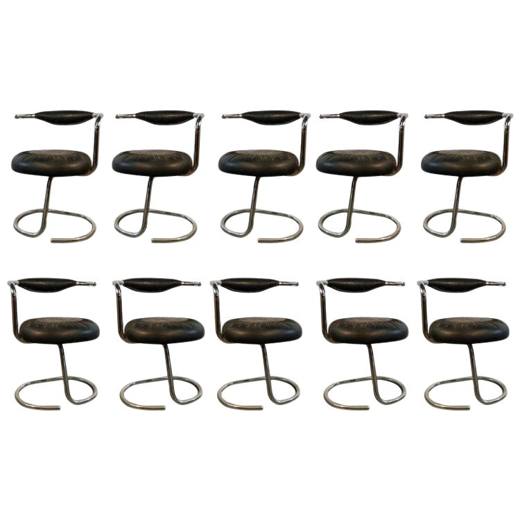 Giotto Stoppino, 10 Chrome And Moleskine Chairs Italy 1970