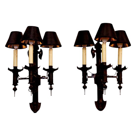 Pair Of Wrought Iron Sconces, 20th Century