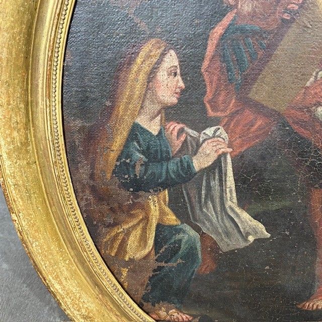 Antico dipinto olio su tela Ovale XVIII sec Gesù e il Cireneo. Cornice foglia oro . Mis 88 x cm 76 