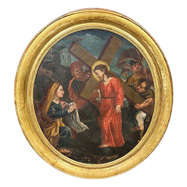 Antico dipinto olio su tela Ovale XVIII sec Gesù e il Cireneo. Cornice foglia oro . Mis 88 x cm 76 