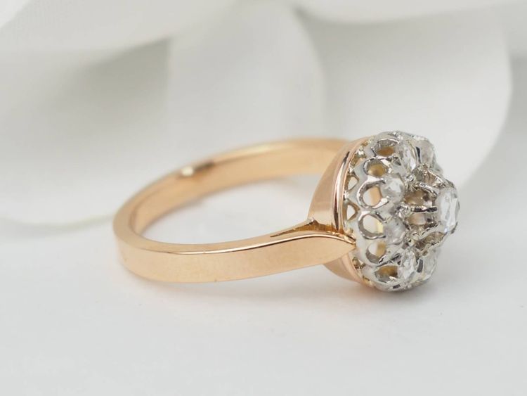Anello antico in oro rosa, platino e diamanti