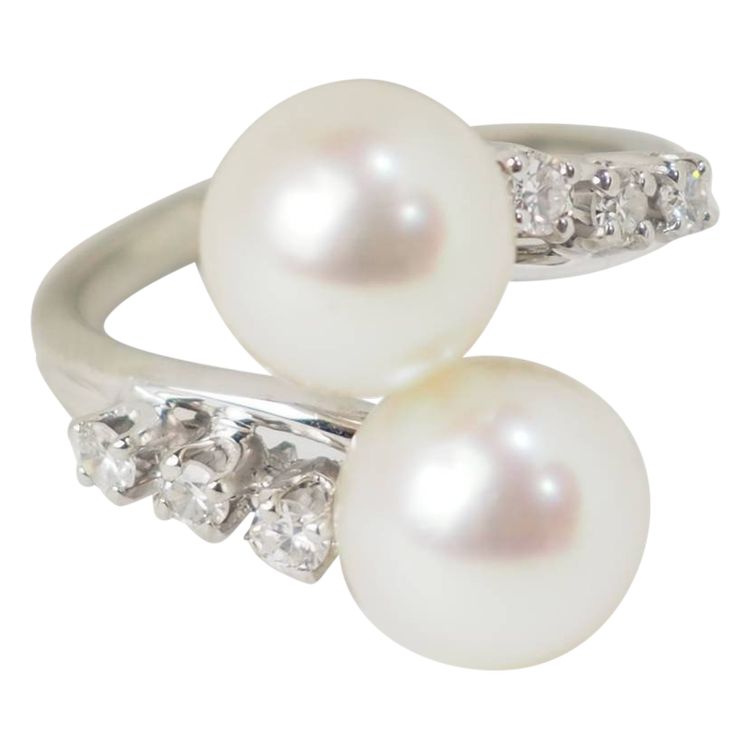 Ring Toi et Moi aus Weißgold, Zuchtperlen und Diamanten