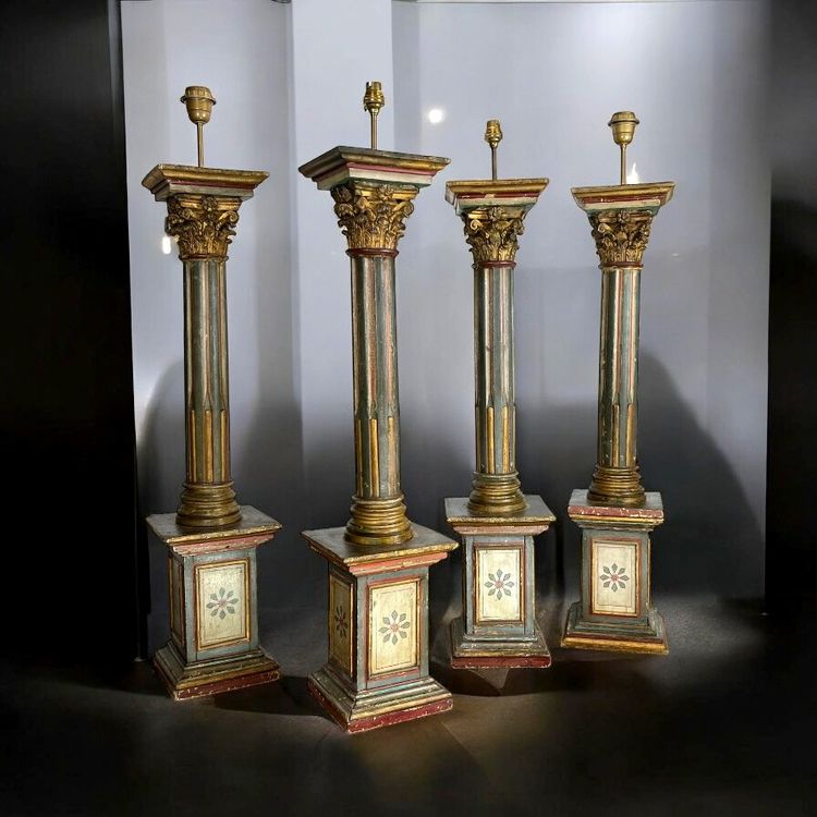 18th CENTURY ITALIAN FLORENTINE POLYCHROME WOOD PIEDESTAL TRANSFORMED INTO LAMP 96 CM