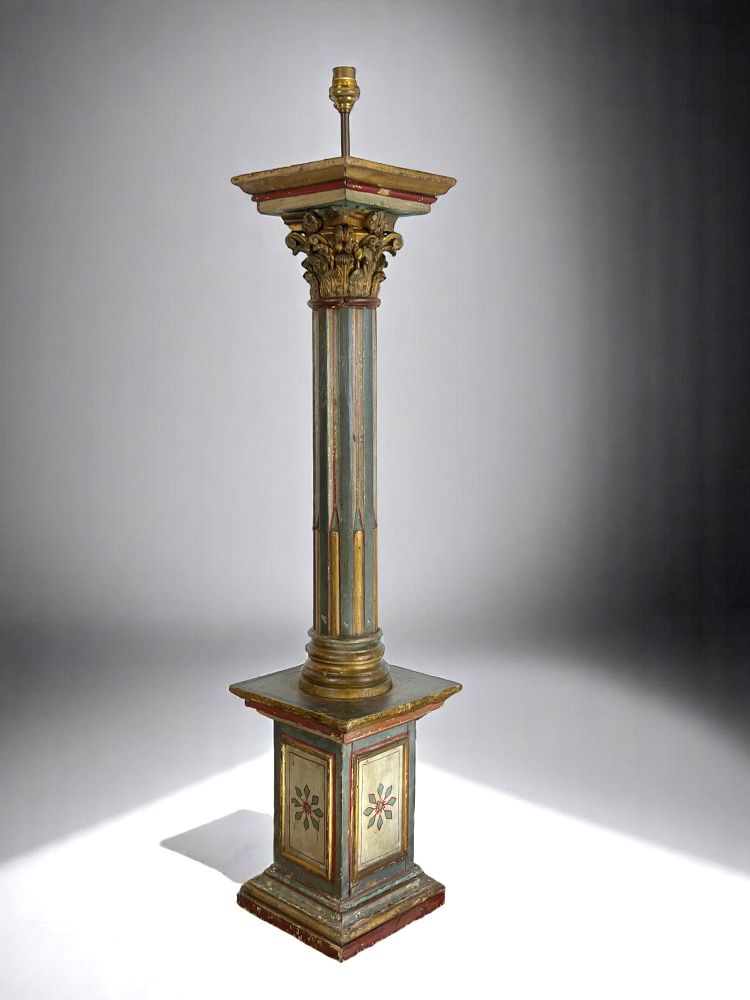 18th CENTURY ITALIAN FLORENTINE POLYCHROME WOOD PIEDESTAL TRANSFORMED INTO LAMP 96 CM
