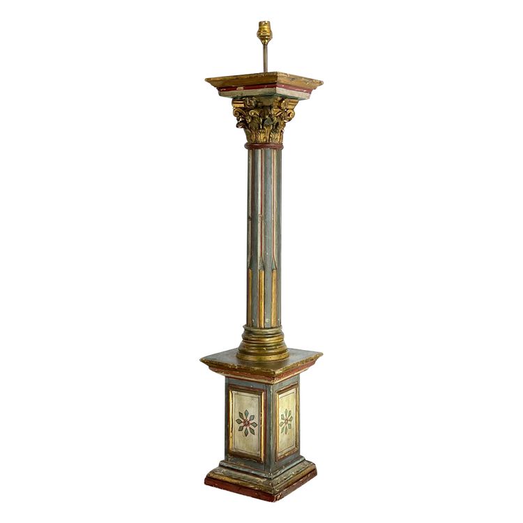 18th CENTURY ITALIAN FLORENTINE POLYCHROME WOOD PIEDESTAL TRANSFORMED INTO LAMP 96 CM