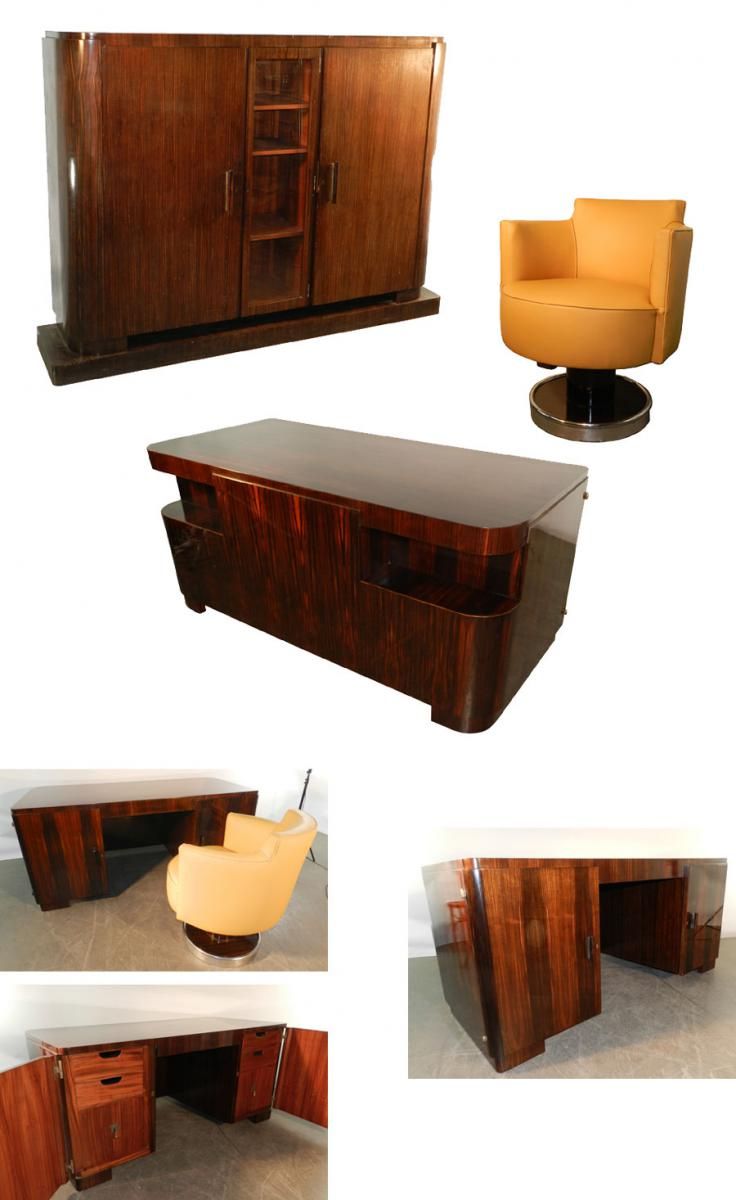 Decoene Freres, Cabinet Travail d' Epoque Art Deco En Placage d' Ebene De Macassar