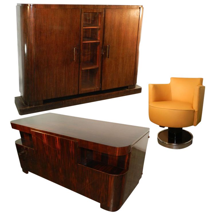 Decoene Freres, Cabinet Travail d' Epoque Art Deco En Placage d' Ebene De Macassar