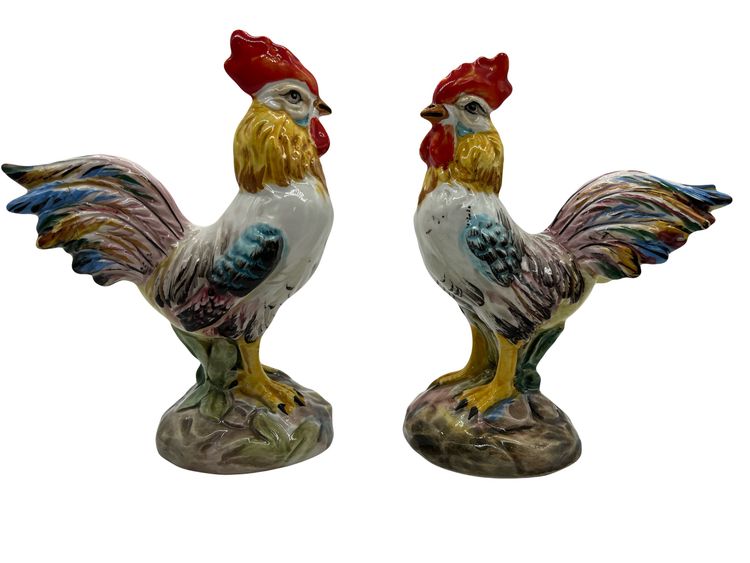 Pair of Polychrome Earthenware Roosters - Manufacture de Bassano - XXth century