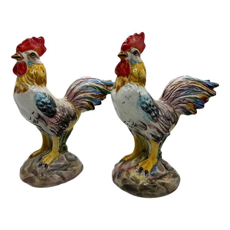Pair of Polychrome Earthenware Roosters - Manufacture de Bassano - XXth century