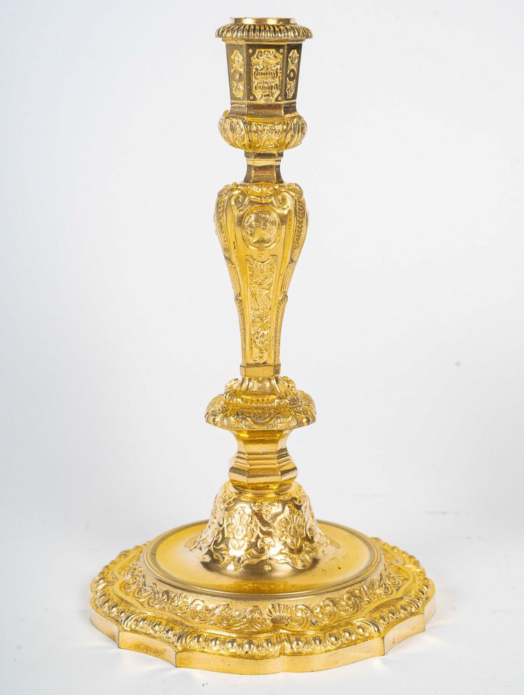 Henri Picard - Pair of French Regence Style Gilt Bronze Candlesticks, circa 1850