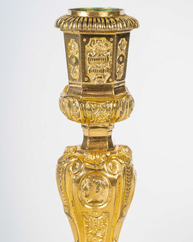 Henri Picard - Pair of French Regence Style Gilt Bronze Candlesticks, circa 1850