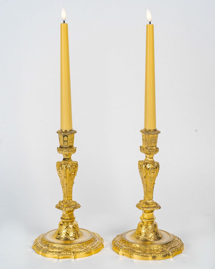 Henri Picard - Pair of French Regence Style Gilt Bronze Candlesticks, circa 1850
