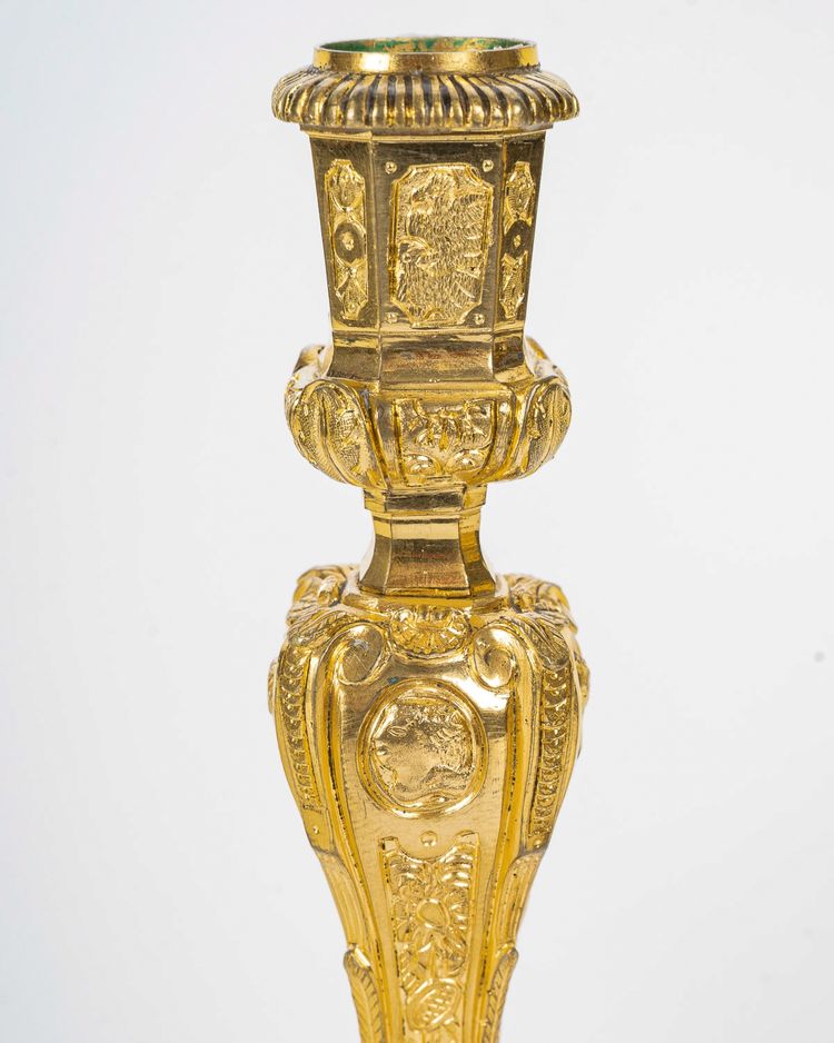 Henri Picard - Pair of French Regence Style Gilt Bronze Candlesticks, circa 1850